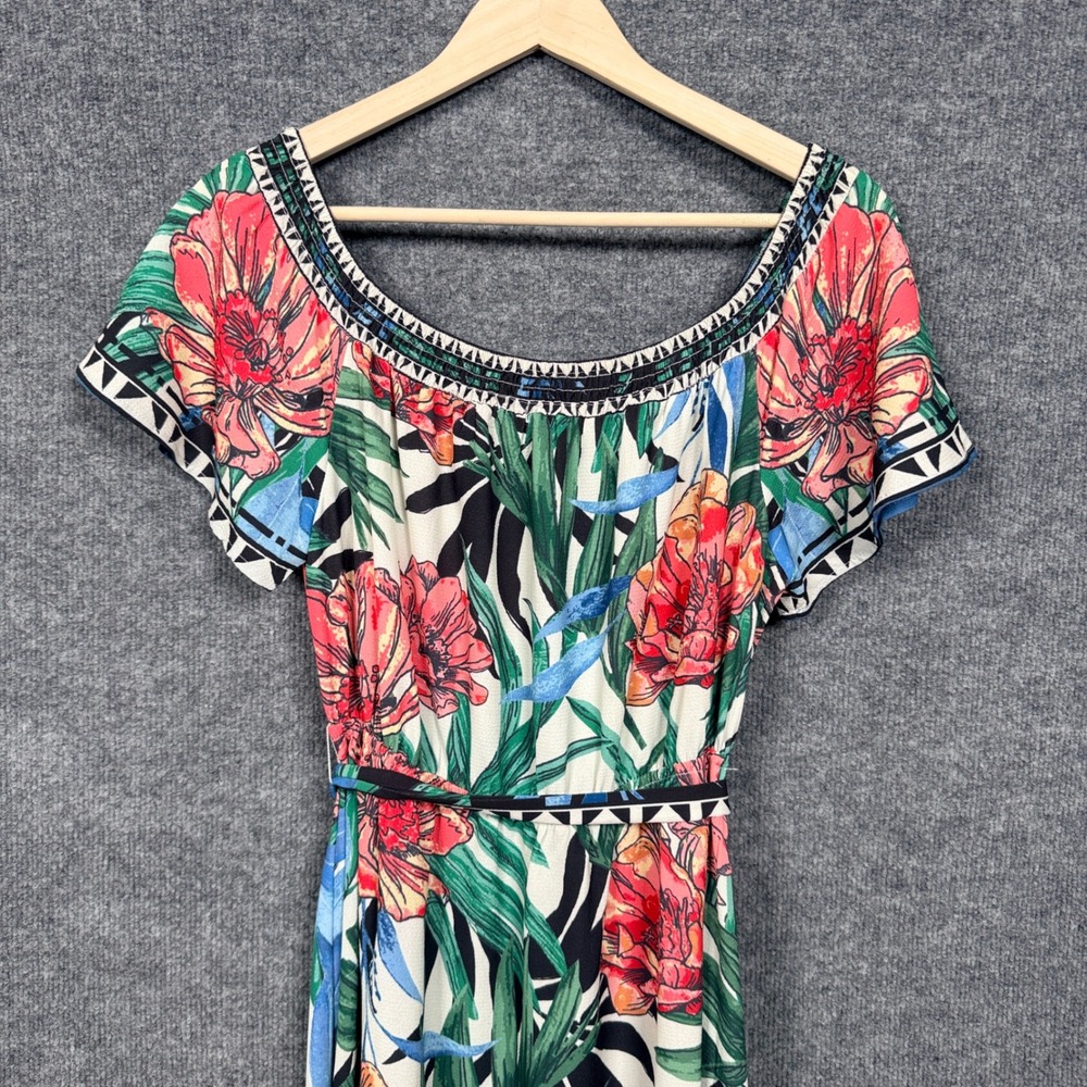 Flying Tomato Size Large Maxi Shift Dress Green Floral Tropical Off The Shoulder - Picture 3 of 10